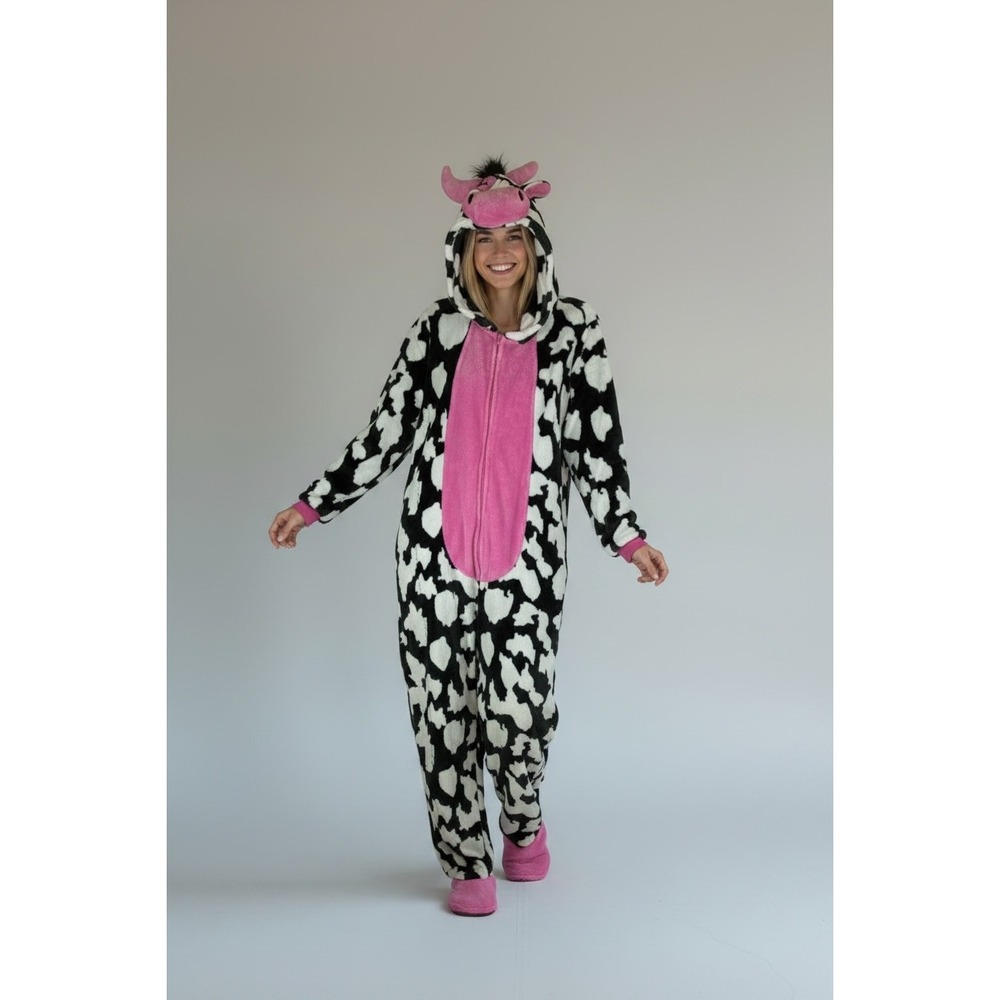 Way To Celebrate Cow Union Suit Womens Med 8-10 Black White Pink Exc Halloween